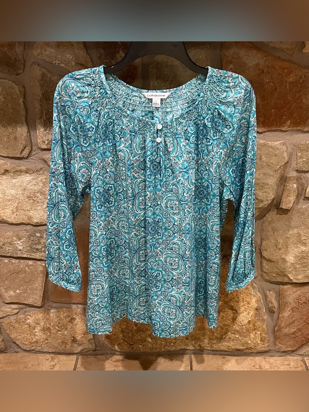 Croft & Barrow Aqua Paisley Print Blouse Women's Large Smocking & Button Details